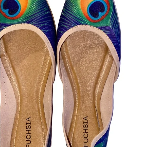 Fuchsia Artisan Made Peacock Print Flats Women’s Size 9 - Picture 2 of 16